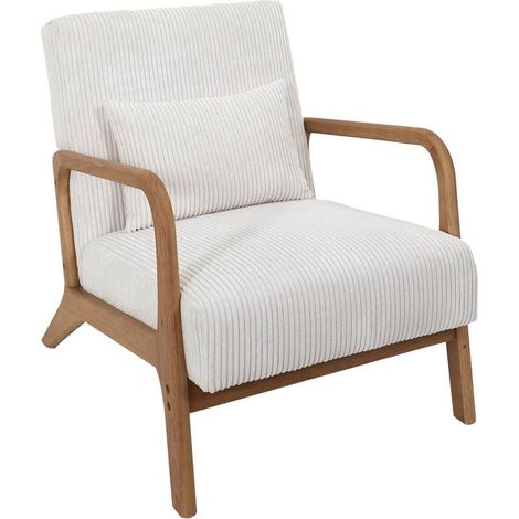 Altobuy – Fauteuil convertible en velours côtelé crème – Accoudoirs en hévéa – Dimensions 64,5 x 83,5 x H75cm – Design vintage scandinave