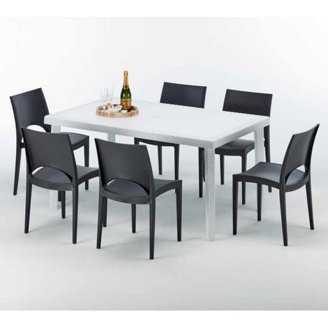 Tavolo Rettangolare Bianco 150x90 cm con 6 Sedie Colorate Paris Summerlife - Nero