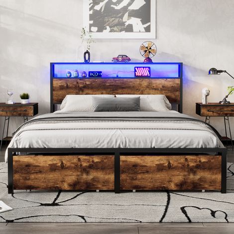 4ft6 Double Metal Bed with LED Strip,2 Drawers,USB Ports,Sturdy Design for Teens&Adults,Black/Walnut (1/5)
