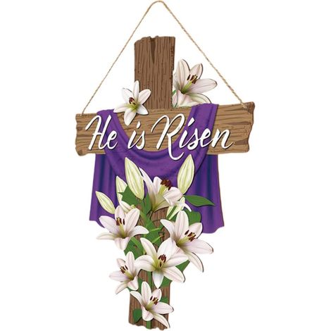 Er ist auferstanden – Osterdekoration, Türschild, Willkommensplakette, Türschild aus Holz mit Blumenkranz (1/2)