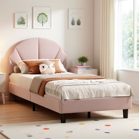 Lit simple 90×190 cm avec sommier à lattes, Lit enfant rembourré avec tête de lit réglable, Cadre de Lit 1 personne, Velours, Rose (1/5)