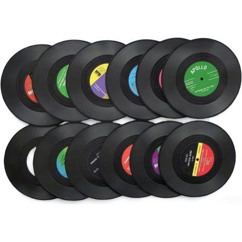 12 sous-verres vintage en forme de disque vinyle - antidérapants, isolants - adaptés pour le café et les boissons - diamètre 10,5 cm (1/5)