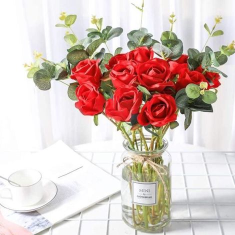 Roses Artificielles - 10 Pièces - Hauteur 50 cm - Diamètre Fleur 8 cm - Rouge - Pour Mariage Décoration Jardin Anniversaire - Lot de 10 (1/4)