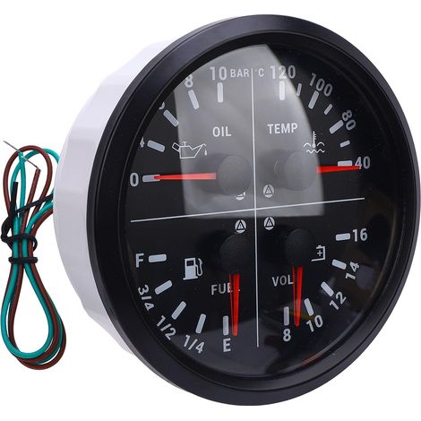 Jauge Numérique Multifonction 4 en 1, Combinaison 4 en 1 avec Niveau de Carburant, Pression d'huile, Température de l'eau, Voltmètre pour Camping-car, Yacht, Camion, van (Cadran noir (1/4)