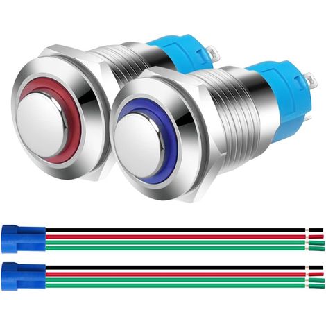 2pcs 12mm Momentané Bouton Poussoir en Acier Inoxydable,230V AC 3A Normalement Ouvert SPST on Off Bouton Étanche avec Fiche à Douille (Bleue+Rouge,Tête Haute) (1/5)