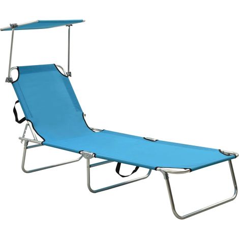 Transat chaise longue bain de soleil lit de jardin terrasse meuble d'extérieur pliable avec auvent acier turquoise et bleu