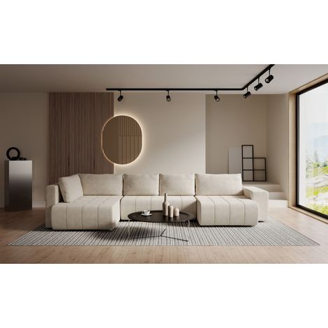 Wohnlandschaft Schlafsofa ARMANDA in Stoff Blur Creme langer Schenkel Links