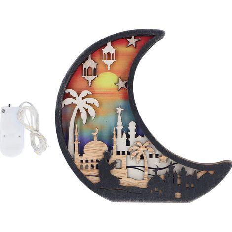 Décoration Ramadan en Bois Sculpté en Forme de Lune avec Lumières pour Intérieur (1/5)