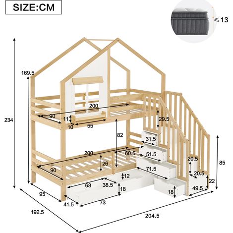 Lit superposé, mobile sur roulettes, avec tiroirs, 204,5 x 192,5 x 234 cm, bois et MDF, bois naturel (1/5)
