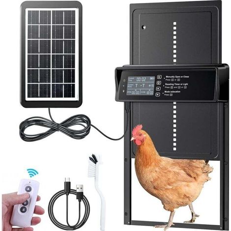 Trappe Solaire pour Poulailler,Porte Automatique Poulailler Solaire,Porte Poulailler avec Affichage LED, Capteur de Lumière, Telecommande, Commande de Minuterie (1/4)