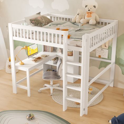 Cama alta juvenil con escritorio y cajones blanca OKMYHOME (1/5)