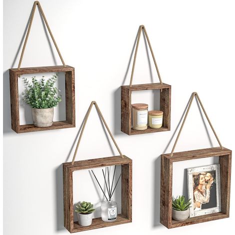 Étagères carrées suspendues flottantes, fixées au mur, style rustique, en bois, avec boîtes d'exposition décoratives de style bohème pour salon, chambre, bureau, lot de 4 (marron) - MK571B (1/5)