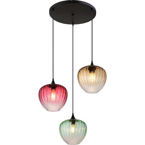 Suspension Plafonnier Métal noir mat Verre rouge/vert/ambre H 150 cm