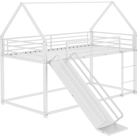 Kinder-Etagenbett 90 x 190 cm mit Rutsche, Hausgestell aus weißem Metall - MODENUIT (1/5)