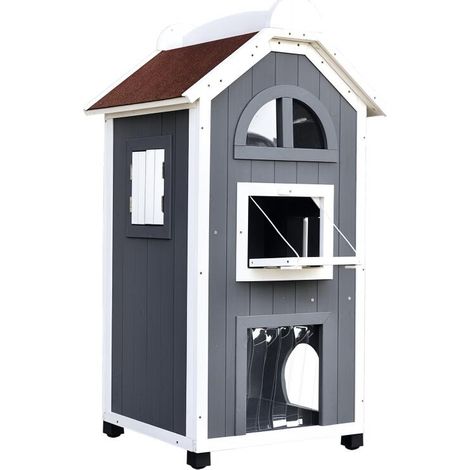 Maison pour chats d'extérieur en bois de sapin, abri à deux étages, résistant aux intempéries, toit en bitume, gris, 59 x 55 x 109 cm (1/5)