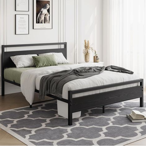 Lit adulte 120x200 cm en MDF et métal, structure stable avec sommier à lattes, rangement, noir pour chambre (1/5)