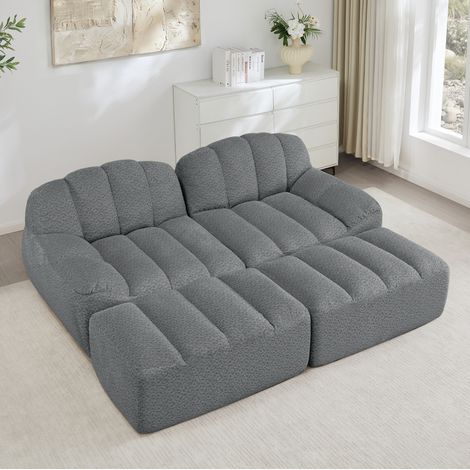 Canapé modulable 2 places avec 2 poufs, forme coquillage, assise profonde de 68 cm, sans montage, assise profonde, fleece granuleux, gris (1/5)
