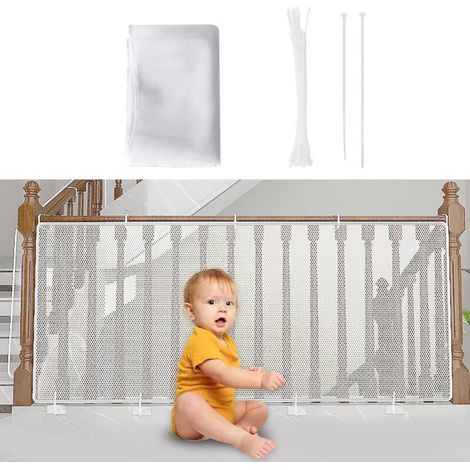 Filet de Sécurité pour Enfants, Bébé Filet de Protection pour Balcon et Escalier, 300Lx90H CM Robuste Réglable Clôture D'escalier Barriere de Securite en Maille pour Chat et Jouet, Blanc, thicken (1/5)