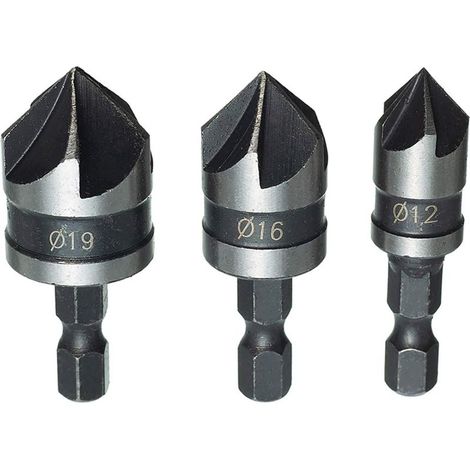 3 Pièces 1/4" Tige Hexagonale HCS Fraise à Chanfreiner 5 Flûte 90 Degrés Foret Embouts Pour Phanfreiner Évier à Fraise Conique 12mm/16mm/19mm Pour Bois, Plastique, Aluminium (1/5)