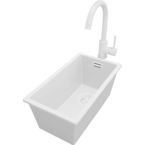 PRIMAGRAN Evier Cuisine en Granit 26x47cm, Lavabo 1 bac + Robinet 32x20cm + Kit de Vidage, Évier à Encastrer au meuble 30cm - London Slim, Tout Blanc (1/5)