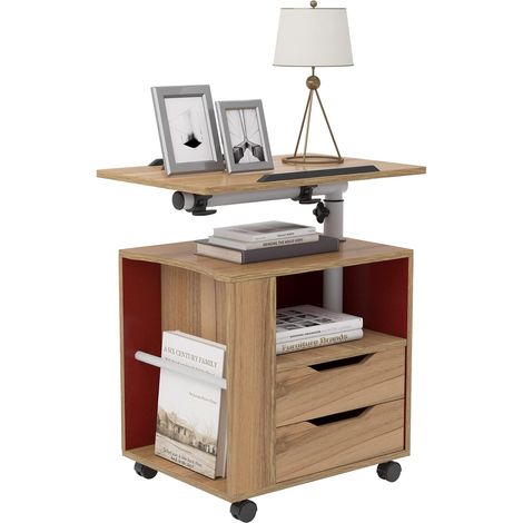 Soges – Table de chevet roulante en bois avec plateau pivotant – 2 tiroirs – Hauteur réglable 67-115 cm – 4 roulettes avec freins – Idéale pour chambre et salon (1/5)
