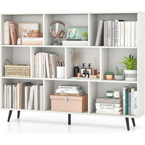 Libreria a 10 cubi 140 x 24 x 107 cm, organizer con 5 gambe in metallo affusolate, ripiano con 2 kit anticaduta per salone, ufficio, bianco (1/5)