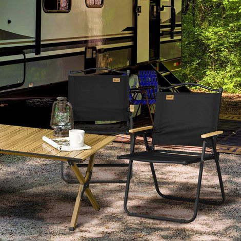 Campingstuhl 2er Set faltbarer Gartenstuhl mit Stahlrahmen, Holzoptik, Klappsessel für Pool, Strand, Oxford, Schwarz Aosom
