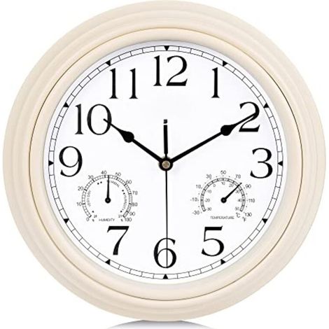 Horloge Murale avec Thermomètre et Hygromètre Pendule Rétro pour Salon Cuisine 30cm (Blanc)