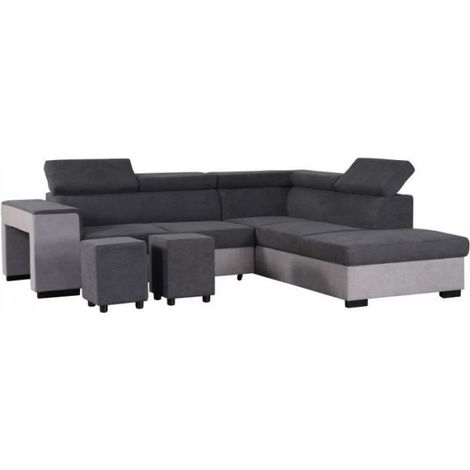 Canapé d'angle convertible 5 places avec coffre – Tissu microfibre gris clair – Dimensions L 271 x P 220 x H 77 cm – Appui-têtes réglables (1/5)