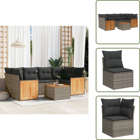 7-tlg. Garten-Sofagarnitur mit Kissen Grau Poly Rattan - Gartenmöbel Set - Rattan Möbel - Outdoor Lounge - Esstisch - Sofas (1/5)