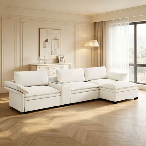 Canapé modulable 315 cm avec recharge sans fil,enceintes,canapé d'angle 4 places en L avec rangement,éclairage,2 porte-gobelets,chenille,beige+Blanc