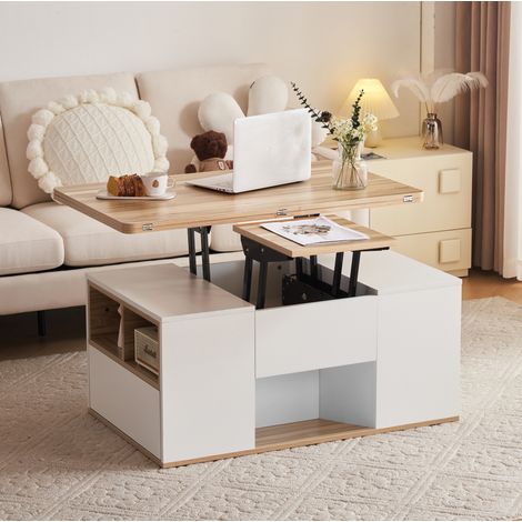 Tavolino da caffè multifunzione sollevabile 100 x 51 x 47 cm, bianco effetto legno HAVRYA (1/5)