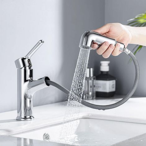 Waschtischarmatur ausziehbar mit Brause, Wasserhahn Bad Armatur mit 2 Strahlarten, Badarmatur Waschbecken Einhebelmischer für Badezimmer, Chrom (1/5)