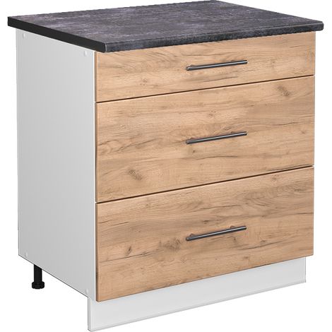 Mobiletto base per cucina Fame-Line, Rovere dorato, 80 cm con 3 cassetti, PL Antracite, Vicco (1/5)