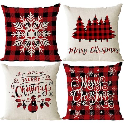 Ensemble de 4 housses de coussin de Noël style ferme, pour canapé et fauteuil, décorations de Noël (1/5)