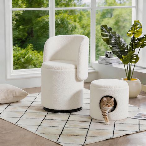 Fauteuil tonneau pivotant 360° avec coffre de rangement, blanc, REDOM (1/5)