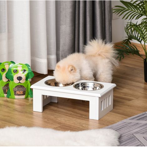 Comedero elevado para perros con 2 cuencos MDF blanco OKMYHOME (1/3)