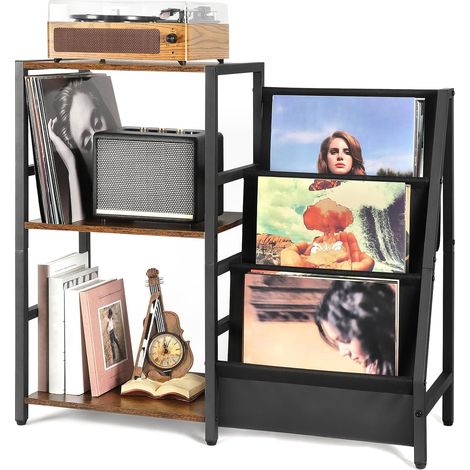 Table d’Appoint pour Tourne-Disque avec Rangement LP à 3 Niveaux, Meuble Platine Vinyle Design, Support pour 200 Albums, Étagère de Rangement Disques pour Salon (1/5)