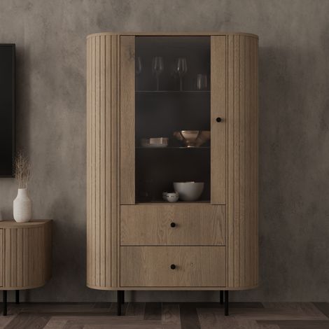 Vitrine arrondie 1 porte vitrée chêne clair LILIO (1/5)