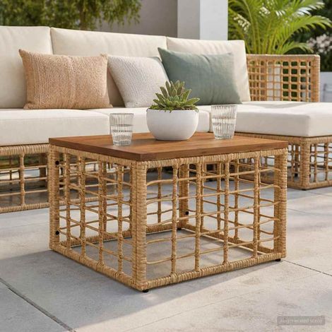 Teenpull – Gartentisch Natur 55 x 55 x 37 cm PE Rattan und Glas (1/5)