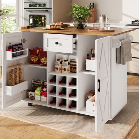 Mueble de cocina con ruedas y mesa abatible de MDF blanco OKMYHOME (1/5)