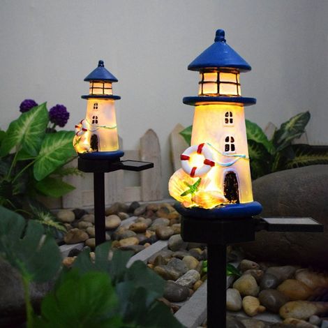 articoli - Illuminazione esterna a energia solare a forma di faro - illuminazione solare da giardino - Illuminazione da giardino - 6744 cm - Blu - Resina + ABS (1/5)