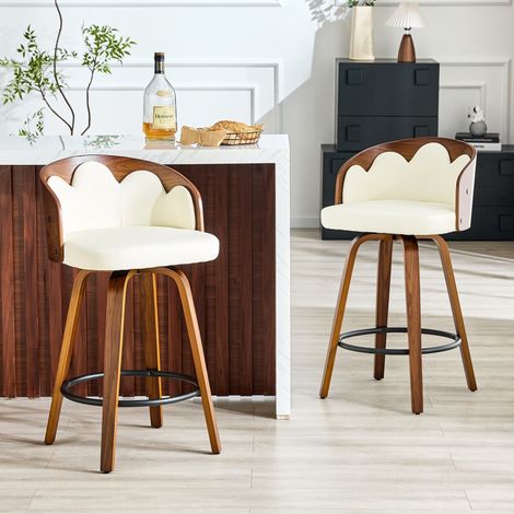 Taburetes de bar pack de 2 con respaldo flor, madera curvada, polipiel, blanco HAVRYA (1/5)