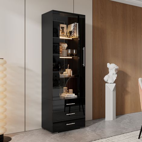 Vitrine 60x35x180 cm avec éclairage LED, 3 tiroirs, vitrine en verre, plateau noir brillant, convient pour le salon (1/5)