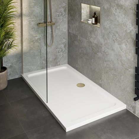 800 x 760mm White Bathroom Shower Tray for Enclosures with Brass Waste Stone Resin Rectangular (1/4)