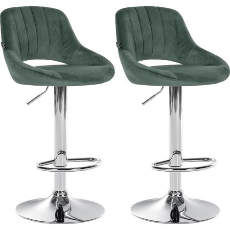 Juego de 2 taburetes de bar con reposapiés arqueado, asiento de tela verde, estructura de metal TDB10759