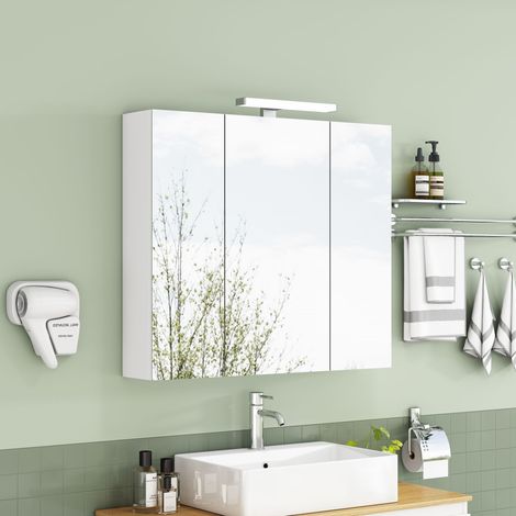 Armoire de toilette murale blanche de 80 cm avec miroir, 3 portes, éclairage LED et prise française, étagères en verre réglables en hauteur, charnières à fermeture douce, entièrement pré-assemblée et (1/5)