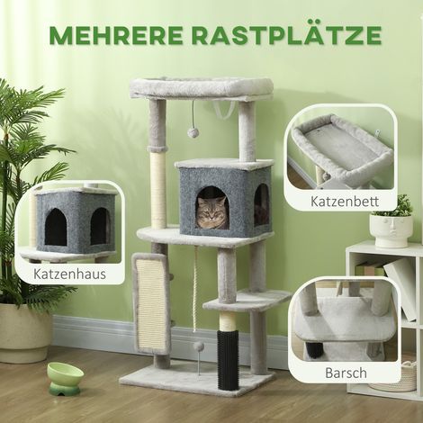 Ein 132 cm hohes Katzenhaus mit Kratzbäumen, einem Bett, einem Häuschen, Sprungplattformen und einer Pflegebürste, hellgrau. (1/5)