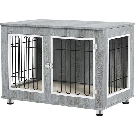 Hundekäfig, Hundehütte, Mit Kissen, 2 Verriegelungen Für Mittelegroße Hunde, Hundebox Mit Doppeltüren, Hundehaus, Grau, 90 X 58 X 65 Cm