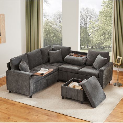Canapé d’angle 205/205/85 cm gris en chenille avec lit d’appoint, USB et coffre (1/5)